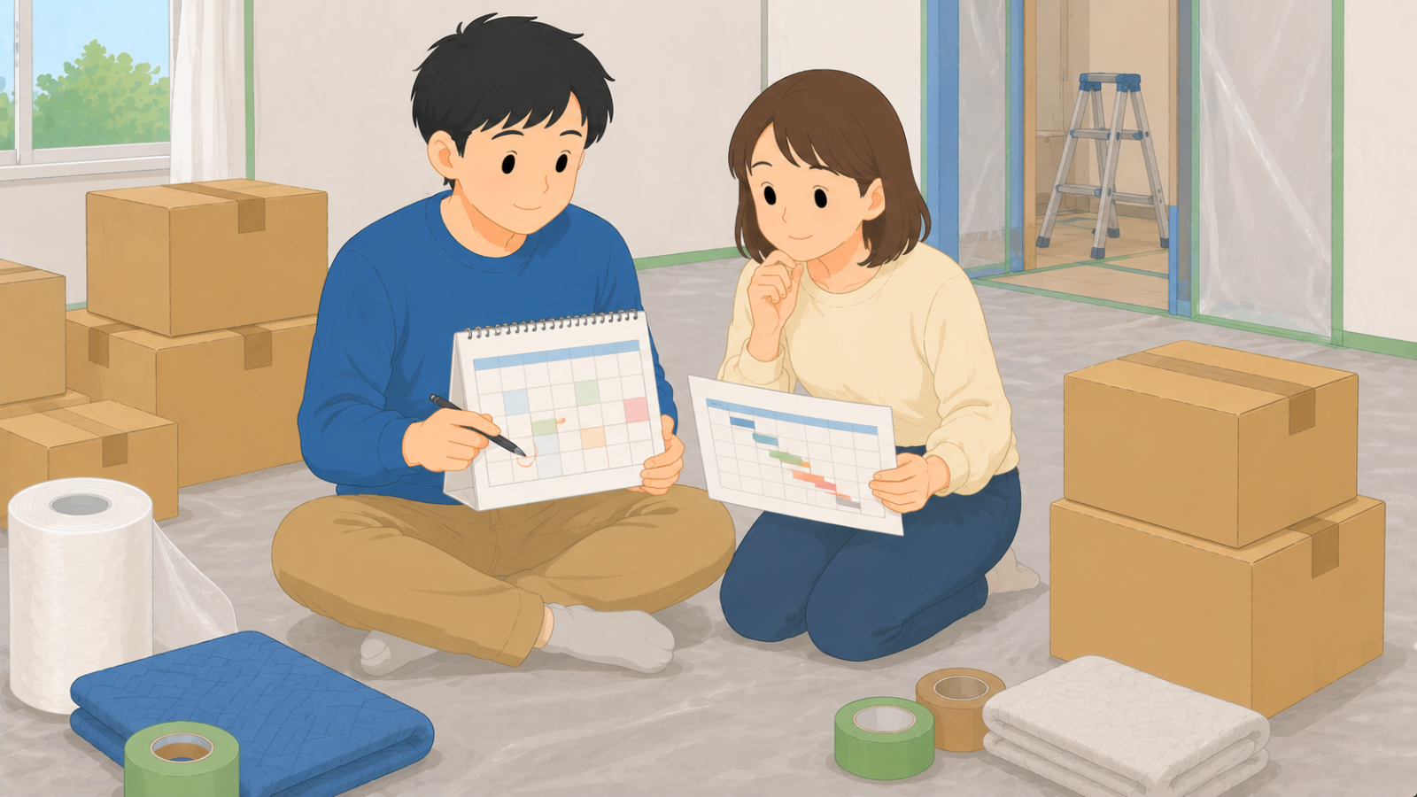 カレンダーと工事の予定表を見ながら預ける期間を相談している夫婦のイラスト