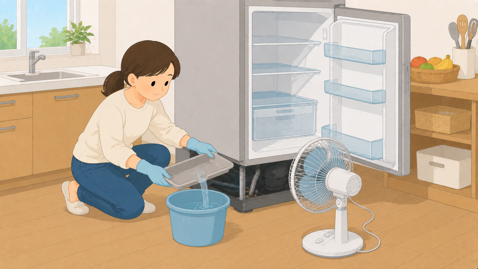 冷蔵庫の蒸発皿の水を捨て、扇風機で庫内を乾かしている女性のイラスト