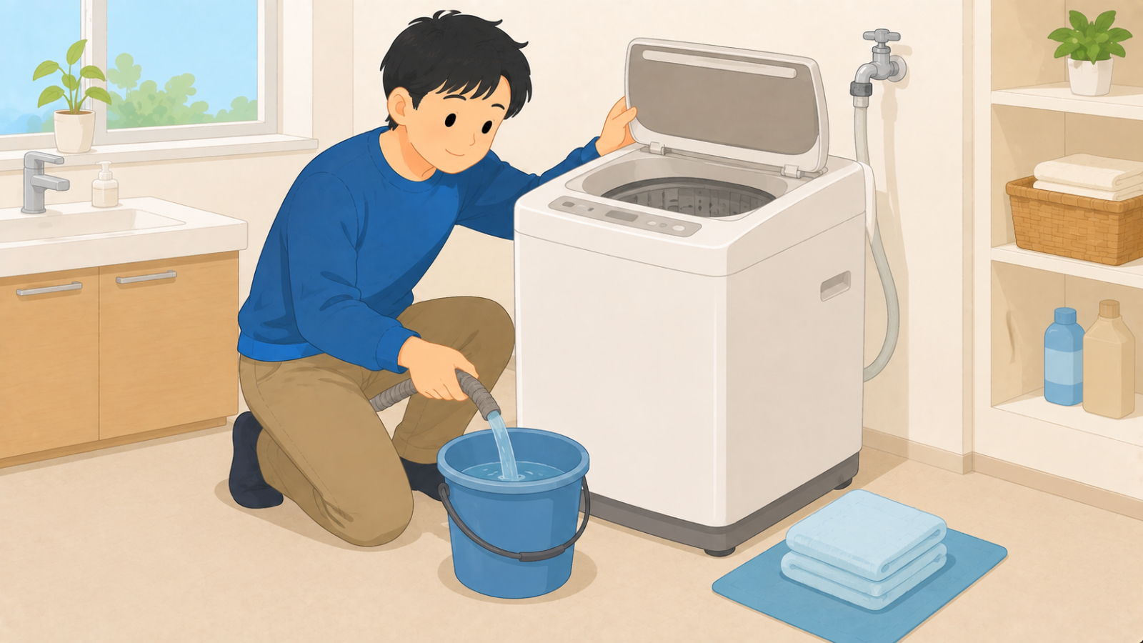 洗濯機の排水ホースの水をバケツに抜き、フタを開けて内部を乾かしている男性のイラスト