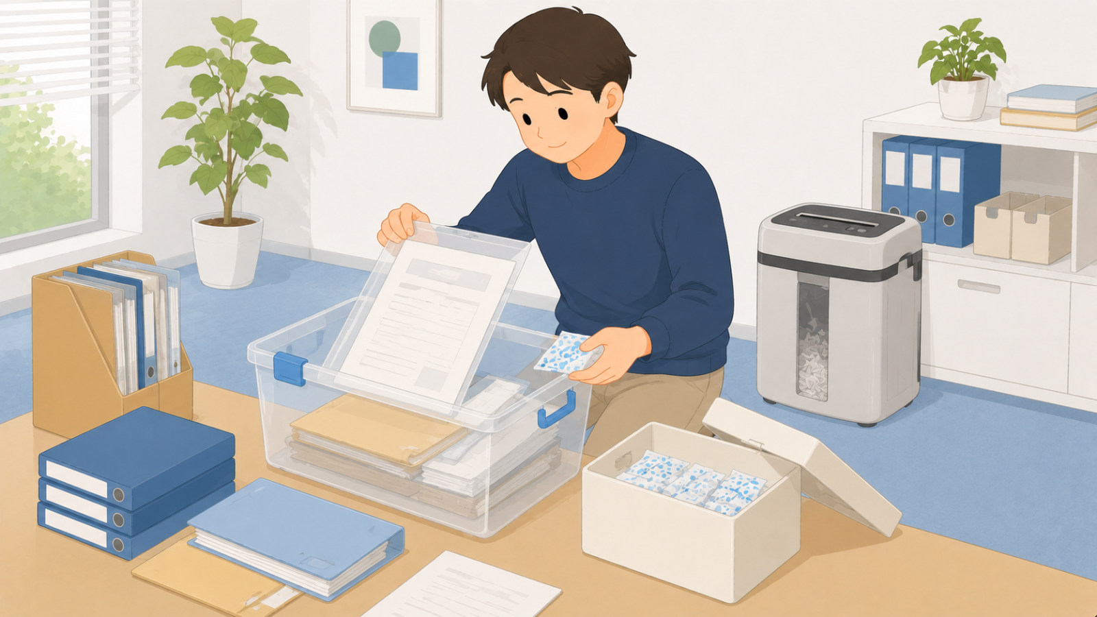 重要書類をクリアファイルに入れて防湿ケースに収め、乾燥剤を入れている男性のイラスト