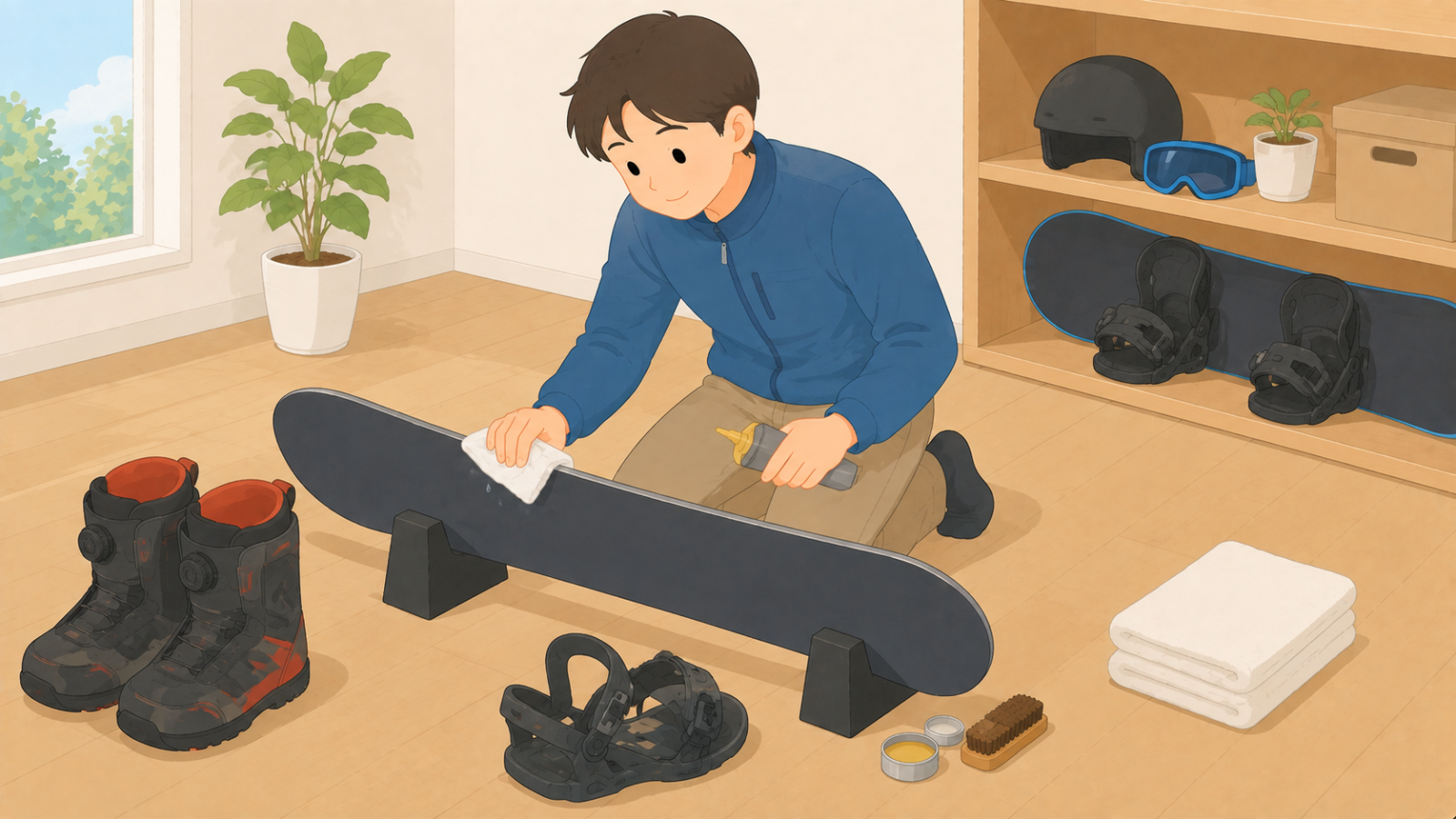 ボードのエッジの水分を拭いて錆止めを塗り、ビンディングをゆるめている男性のイラスト