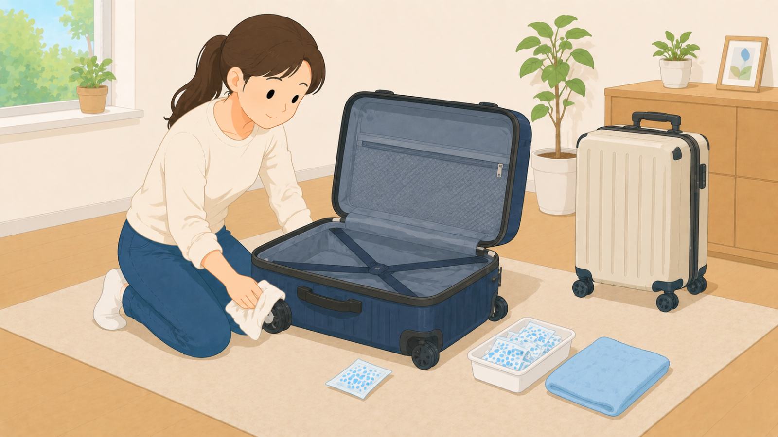 スーツケースのフタを開けて中を乾かし、乾燥剤を入れてキャスターを拭いている女性のイラスト