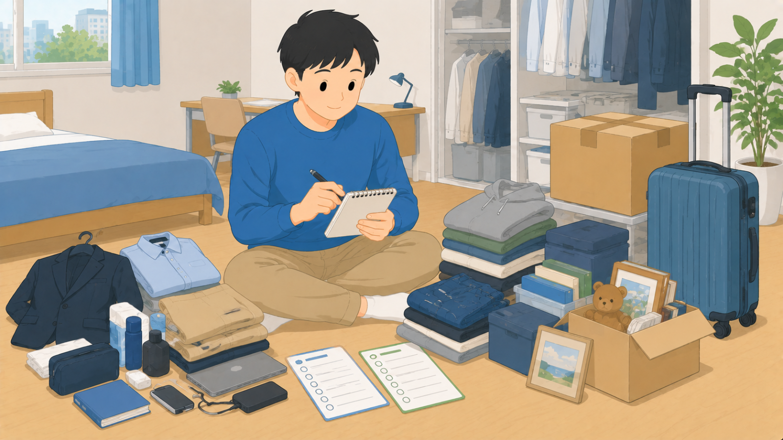 赴任先へ持っていく荷物と預ける荷物を二つに分け、リストで確認している男性のイラスト
