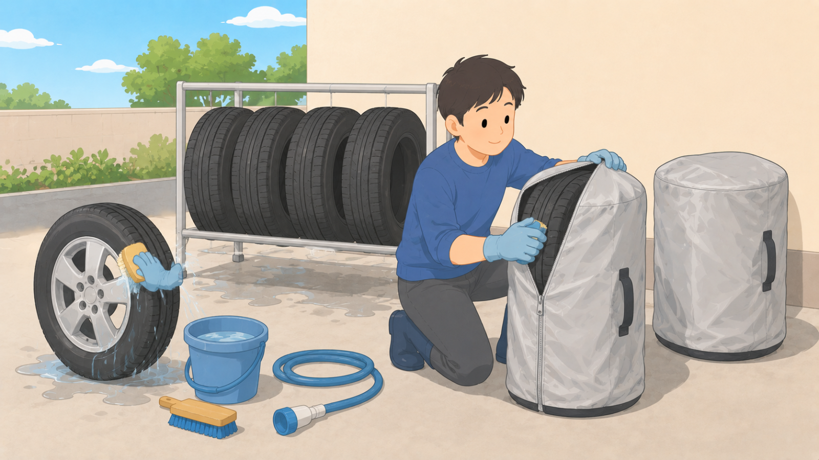 タイヤを水洗いして乾かし、専用カバーに入れている男性のイラスト