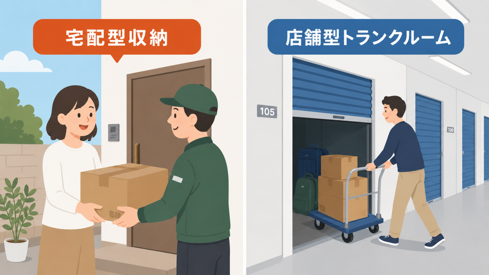 宅配型収納は自宅で段ボールを宅配業者に渡し、店舗型トランクルームは施設で自分で荷物を出し入れする様子の比較イラスト