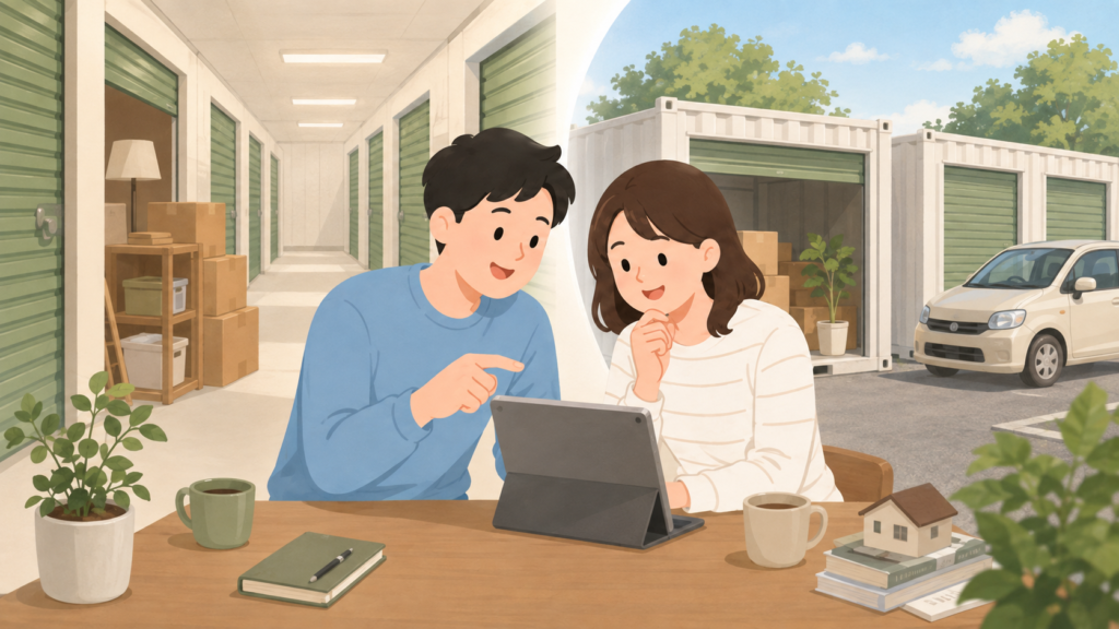 ハローストレージとスペースプラスを比較する夫婦のイラスト