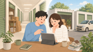 ハローストレージとスペースプラスを比較する夫婦のイラスト