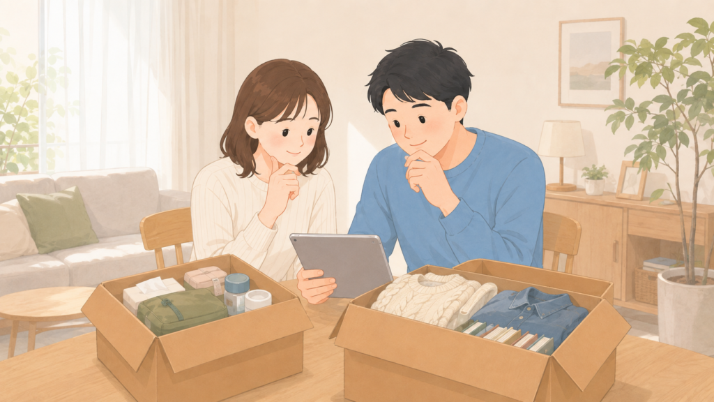 サマリーポケットとAZUKELの料金や荷物の違いを比べる夫婦のイラスト
