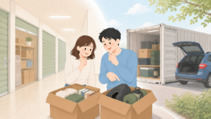屋内型と屋外型のトランクルームを荷物別に比較するイラスト