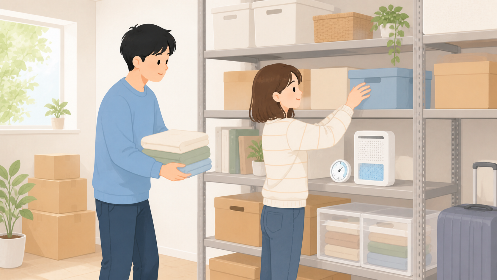トランクルームの湿気・カビ対策を説明するイラスト