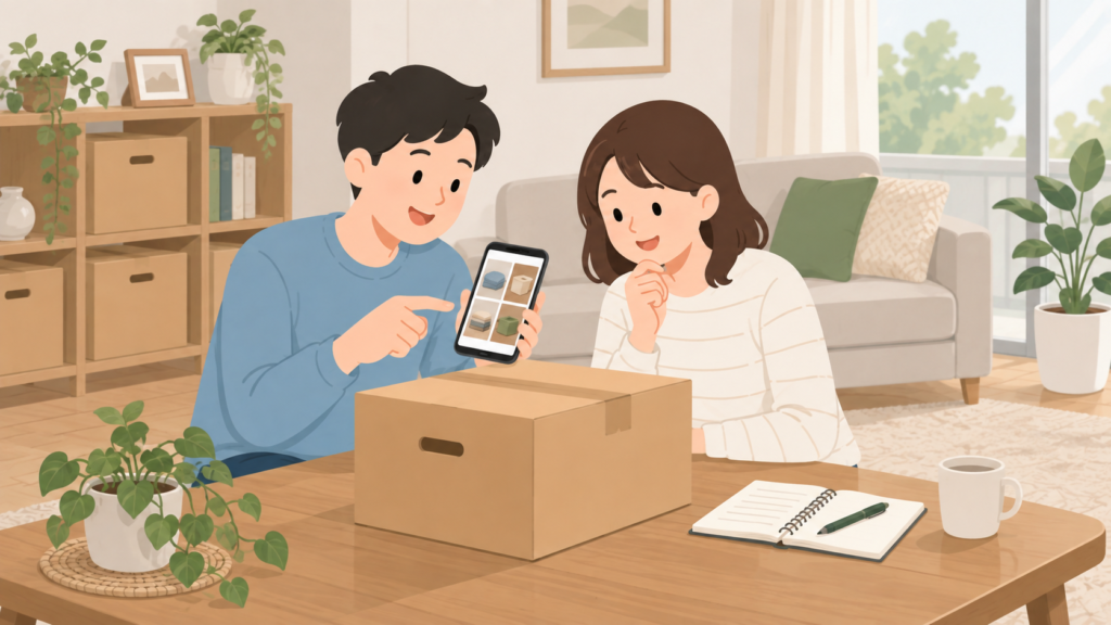 夫婦が閉じた箱と写真管理を検討するイラスト