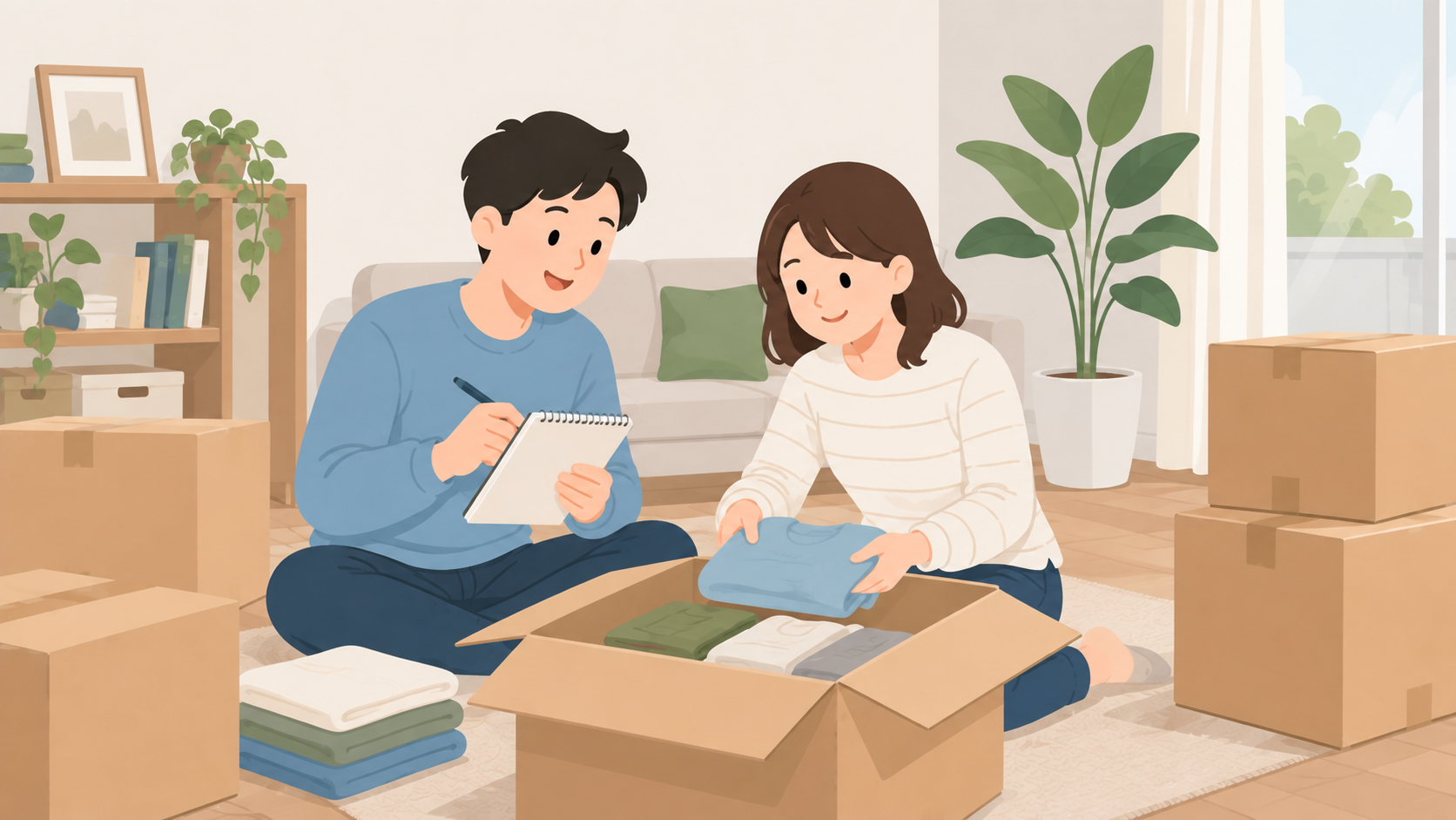 夫婦が衣類を梱包して手元に一覧を残すイラスト