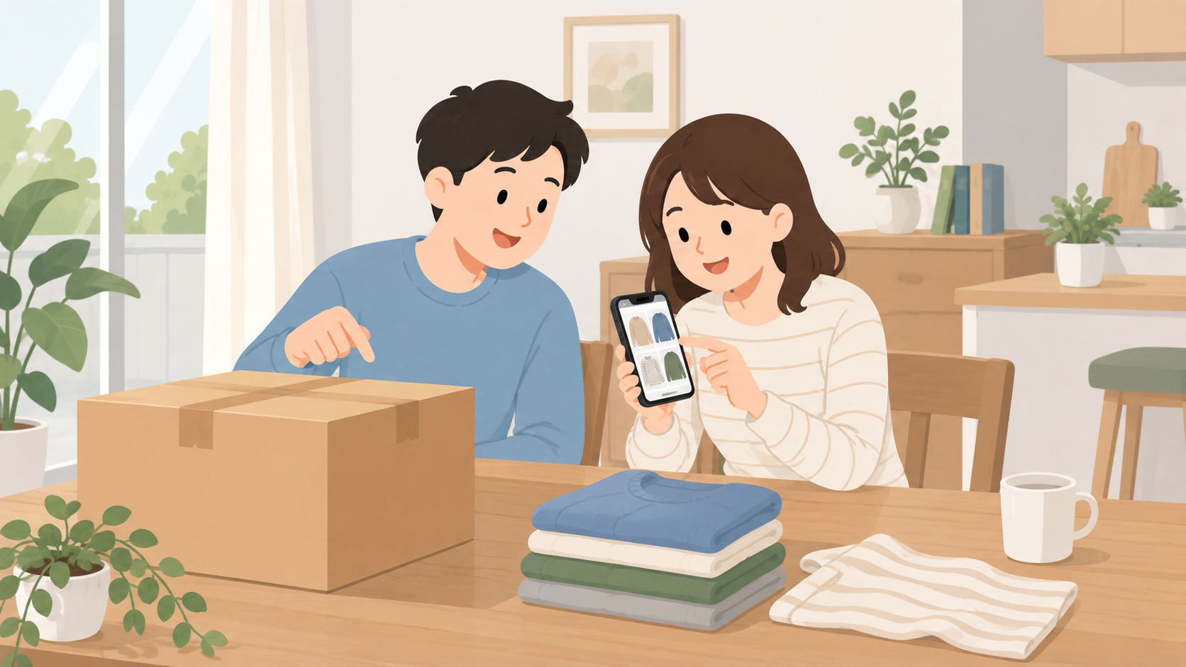夫婦が写真管理と閉じた箱を比べるイラスト