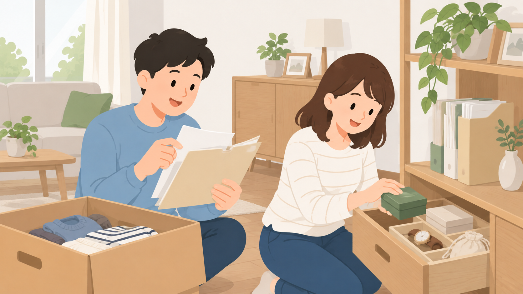 夫婦が個人書類と大切な物を自宅で分けるイラスト
