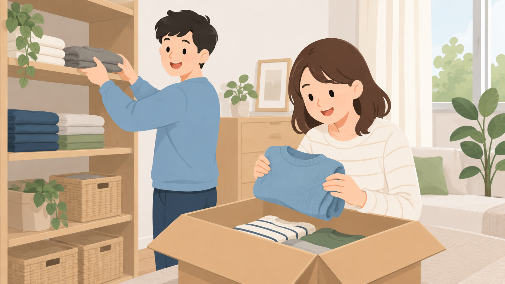 夫婦が自宅で衣類を取り出すイラスト