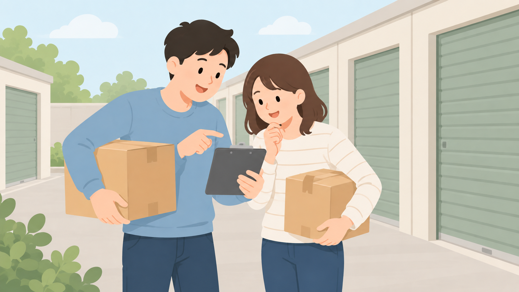 夫婦が屋外収納の候補を検討するイラスト