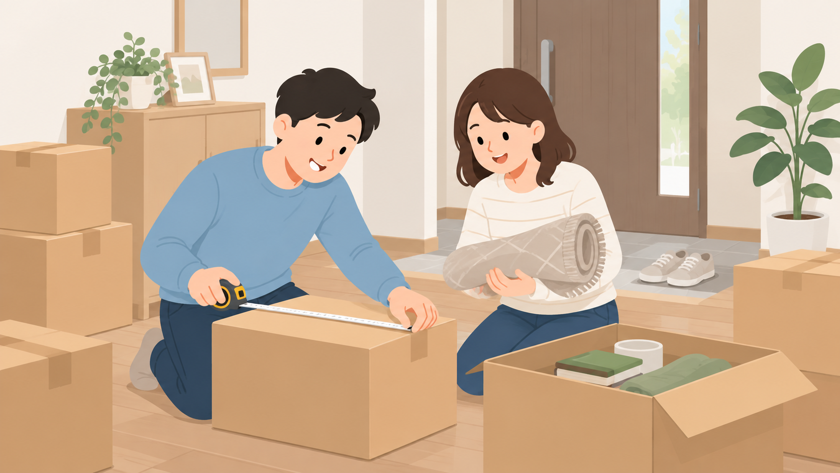 夫婦が預ける箱の寸法を測るイラスト