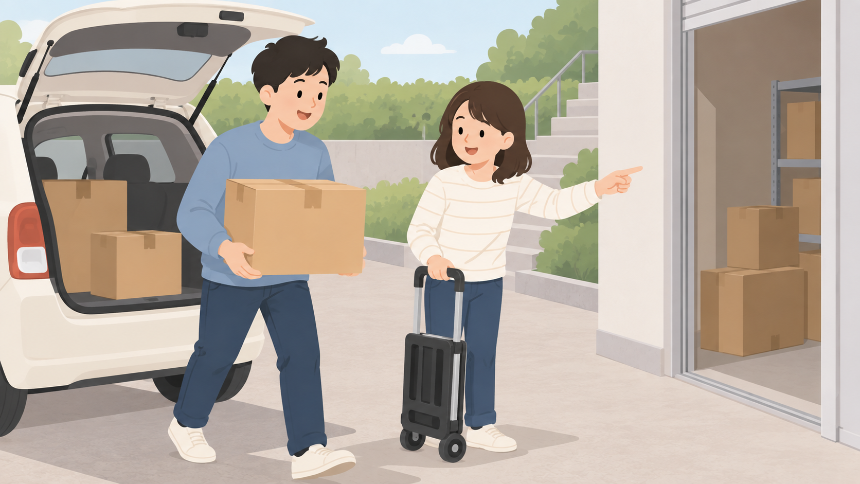 夫婦が車から箱を運ぶ経路を確認するイラスト