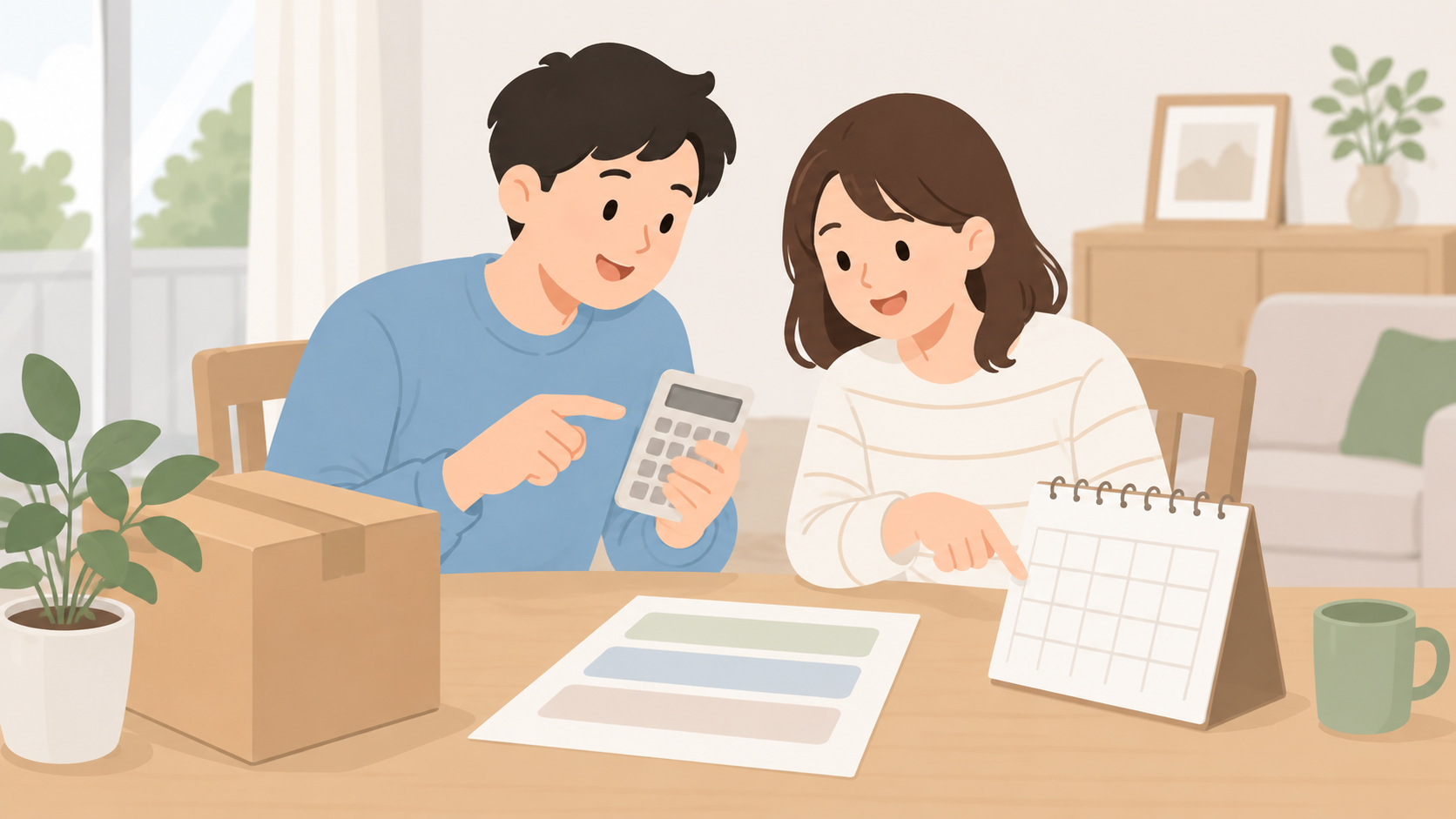 夫婦が費用と利用日程を確認するイラスト