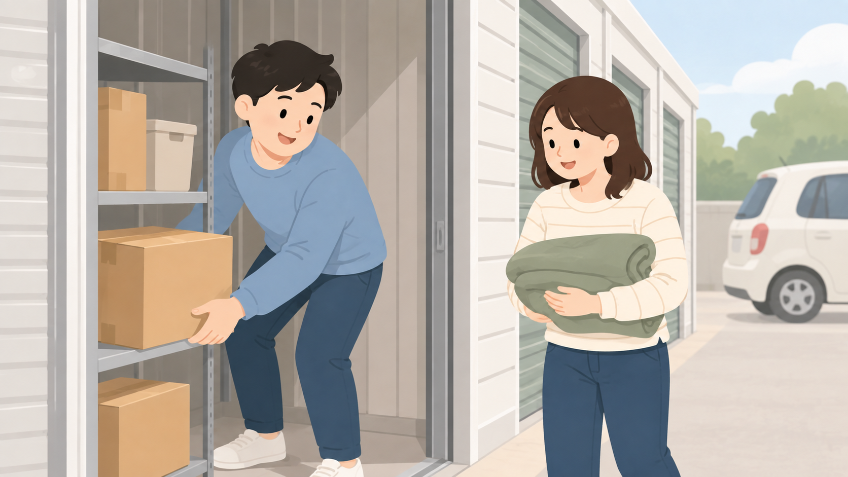 夫婦が収納から箱と毛布を取り出すイラスト
