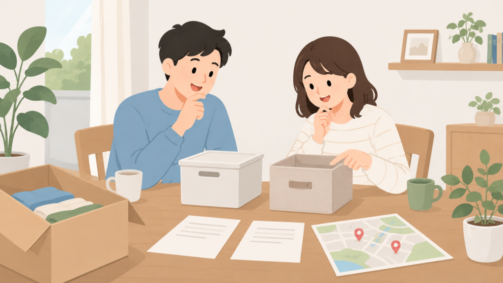 夫婦が荷物と見積もりを見ながら収納先を比較するイラスト