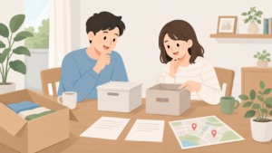 夫婦が荷物と見積もりを見ながら収納先を比較するイラスト