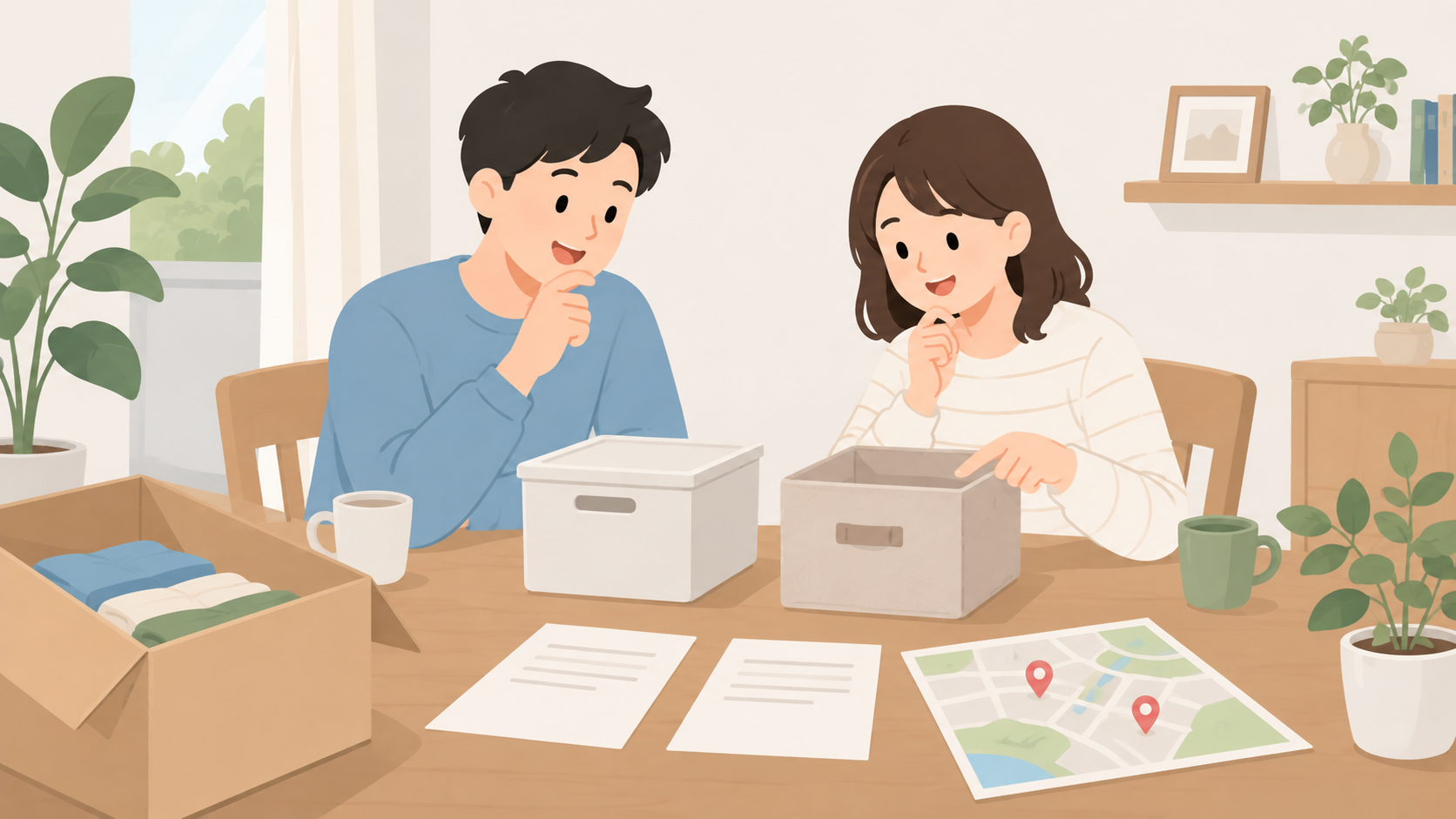 夫婦が荷物と見積もりを見ながら収納先を比較するイラスト