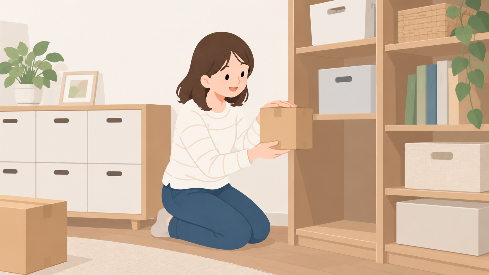 女性がロッカーの高さと箱の寸法を確認するイラスト