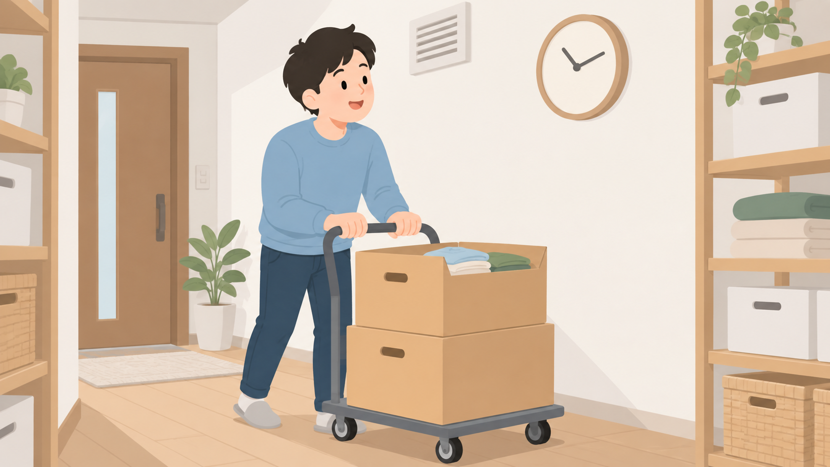 男性が収納施設の利用時間と搬入方法を確認するイラスト