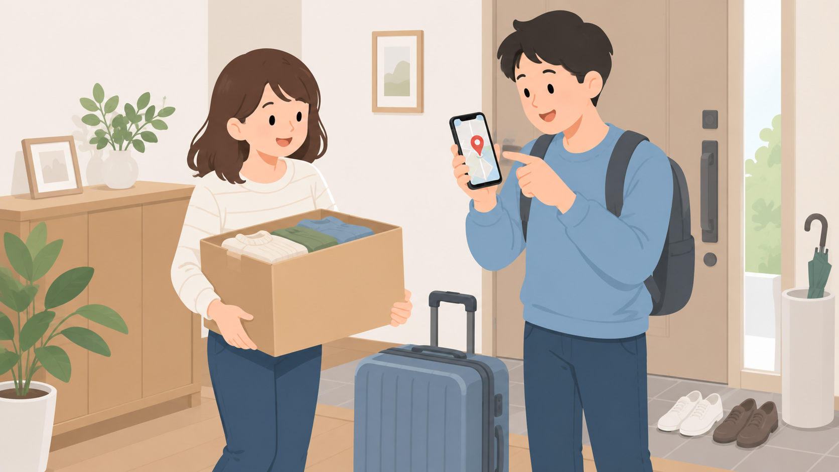 夫婦が荷物と近隣の収納先を確認するイラスト