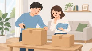 夫婦が宅配収納の箱の大きさと衣類を確認するイラスト