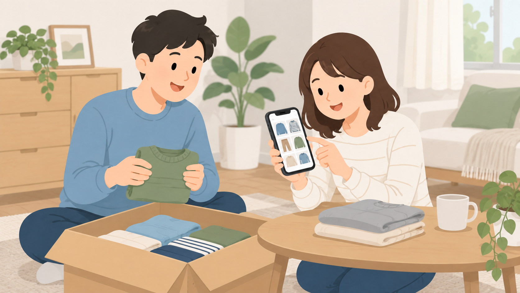 夫婦が預けた衣類の写真をスマートフォンで確認するイラスト