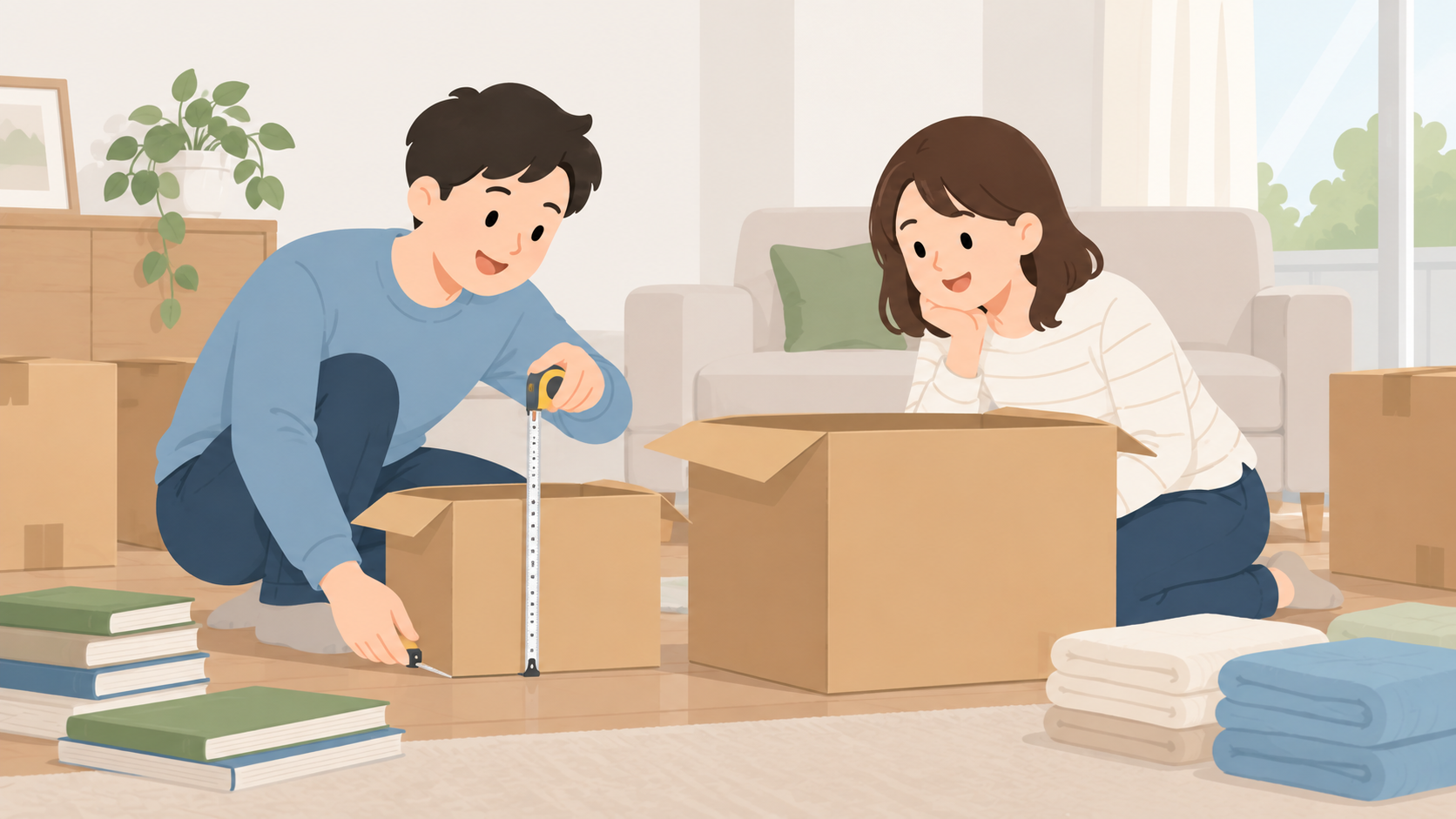 夫婦が大小の箱の寸法を測るイラスト