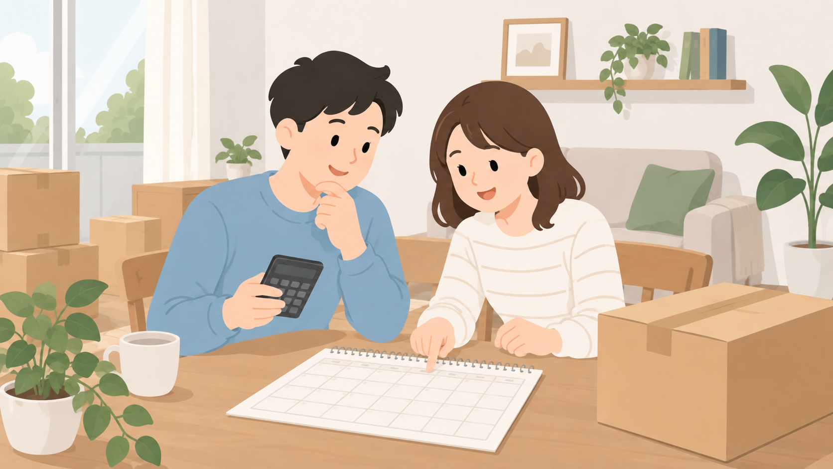 夫婦が保管期間と費用を確認するイラスト