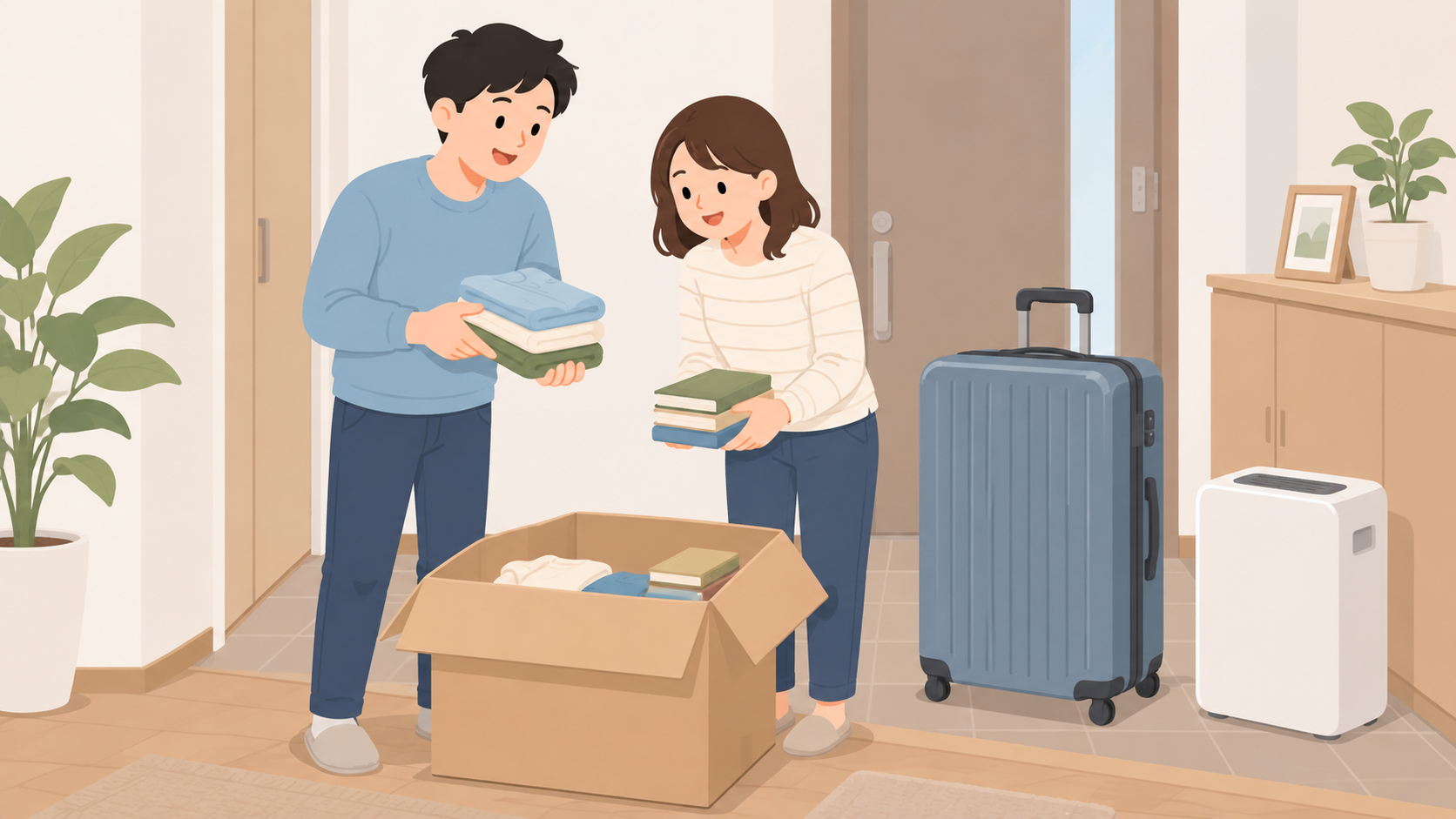 夫婦が衣類と本、大きな荷物を分けるイラスト