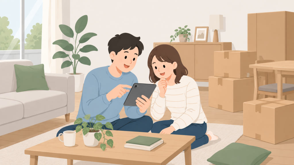 夫婦が家具と箱の保管方法を相談するイラスト