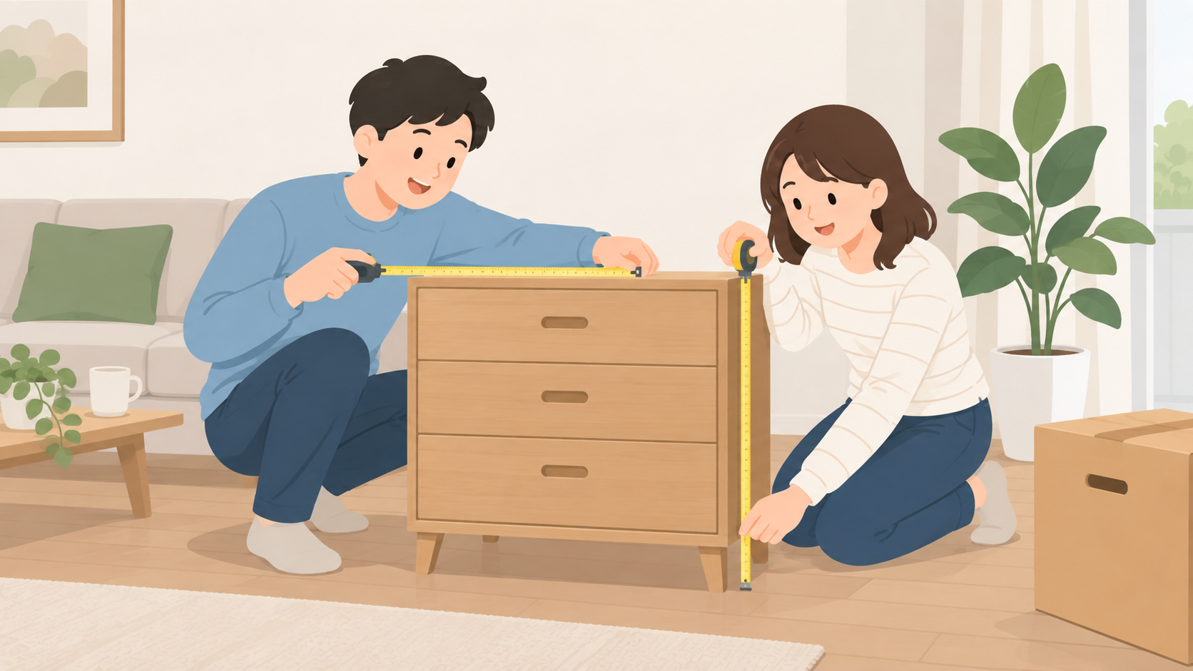 夫婦が家具の寸法を測るイラスト