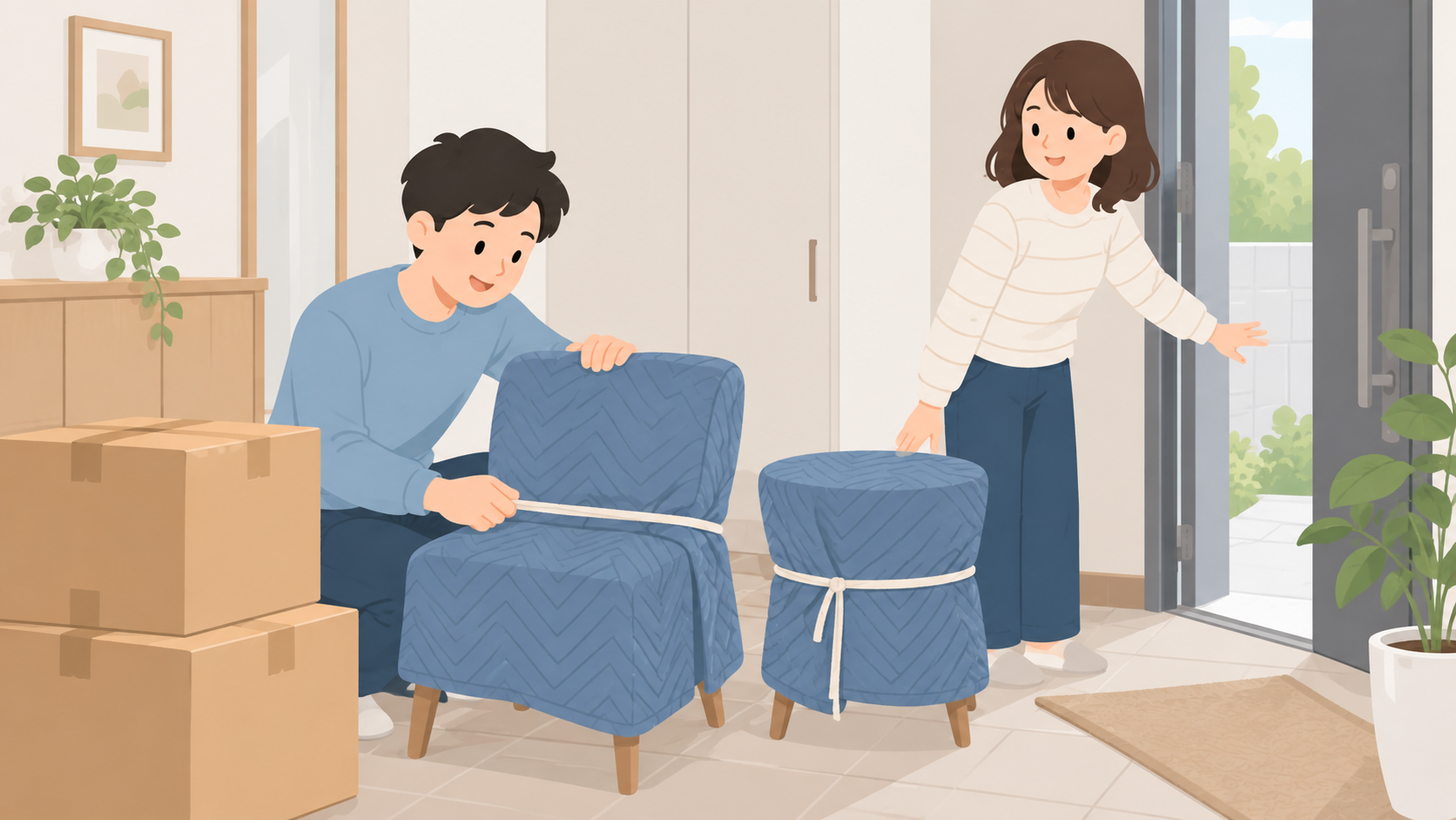 夫婦が自宅で家具の集荷に備えるイラスト