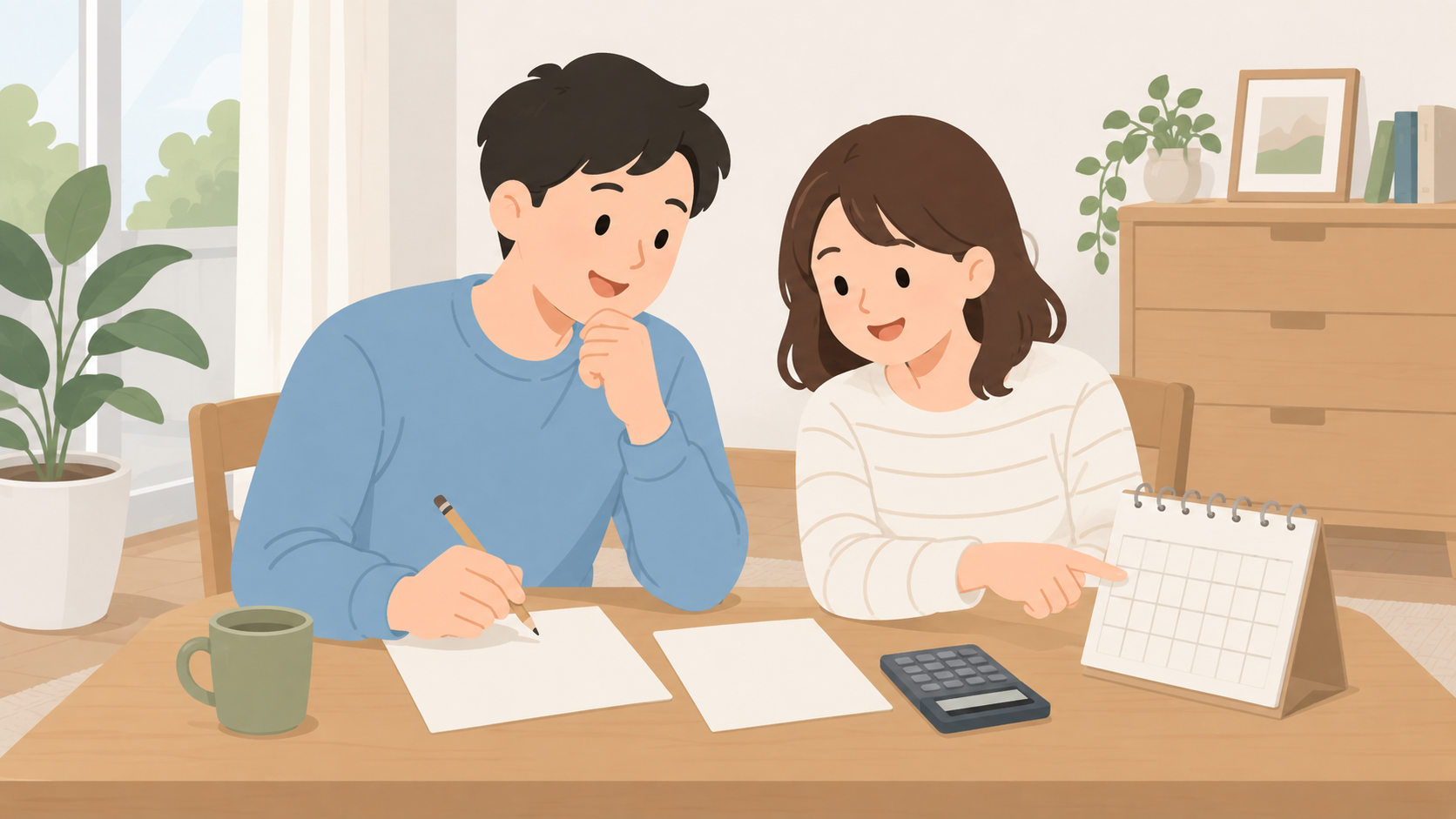 夫婦が保管期間と運搬費を確認するイラスト