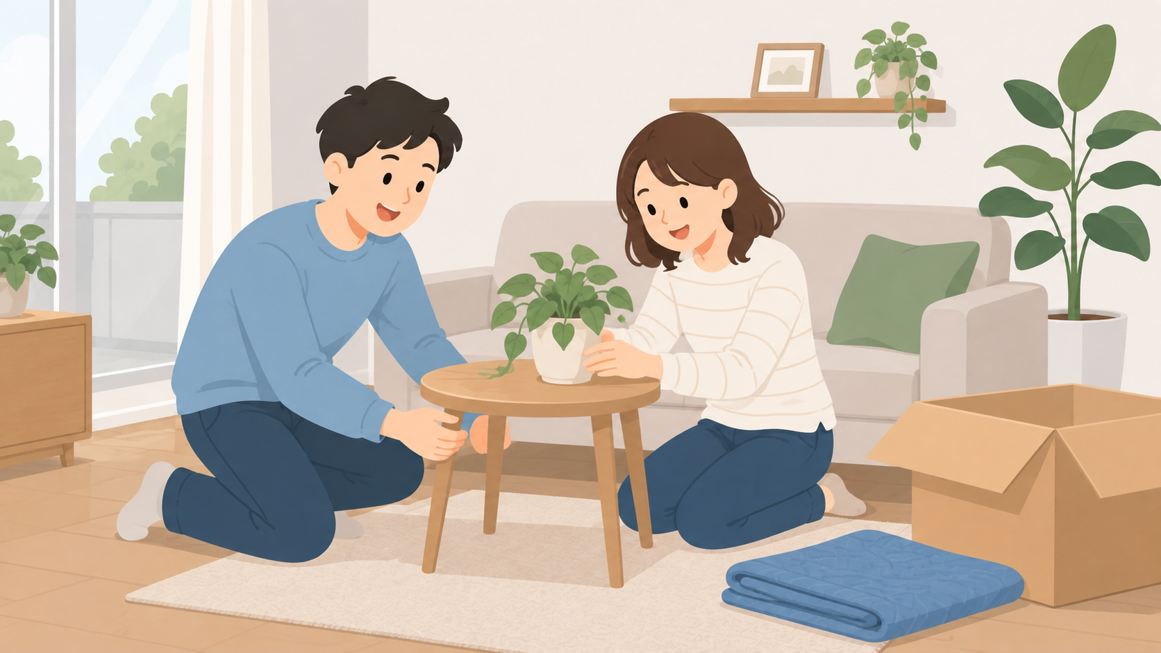 夫婦が戻ってきた家具を自宅に置くイラスト